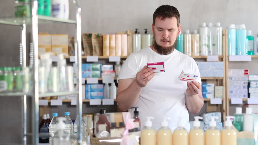 Male buyer buys paracetamol medicine at a pharmacy. High quality 4k footage