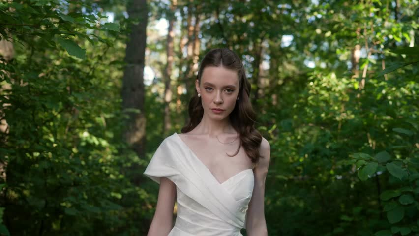 Beautiful bride wearing a white wedding dress in a forest