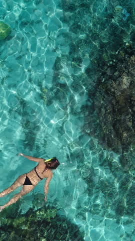 Woman swimming in crystal water exploring coral reef underwater sea life Slim tourist female snorkeling with mask. Travel, tourism, holiday, relax, summer lifestyle . Aerial top down view, drone shot