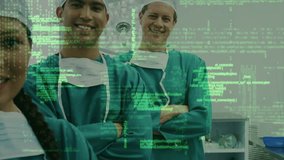 Animation of data processing over diverse male and female surgeons smiling. global medicine and digital interface concept digitally generated video. - Powered by Shutterstock - Get 15% off with code: PIKWIZARD15