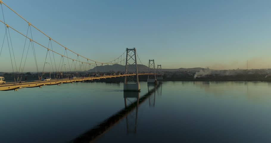 Aerial view of bridge with people, Tete, Mozambique.