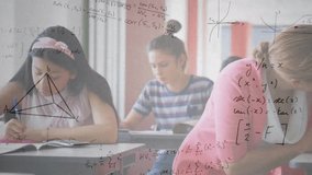 Animation of mathematical equations over schoolchildren using vr headsets. Global online education digital interface technology and connections concept digitally generated video. - Powered by Shutterstock - Get 15% off with code: PIKWIZARD15