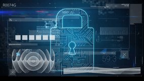 Animation of dots interconnecting and creating padlock with graphs, profile icons and spiral wave. Digitally generated, hologram, security, infographic, futuristic and technology concept. - Powered by Shutterstock - Get 15% off with code: PIKWIZARD15