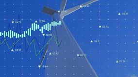Animation of statistics and financial data processing over male engineer and wind turbine. . Global sustainability, environment and data processing concept digitally generated video. - Powered by Shutterstock - Get 15% off with code: PIKWIZARD15