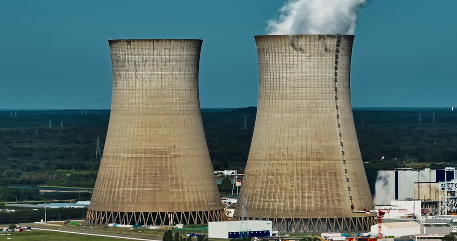 Aerial view of nuclear power plant along a river at summertime