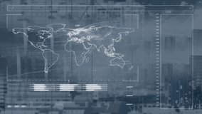 Animation of data processing with world map over cityscape. Global computing, technology and digital interface concept digitally generated video. - Powered by Shutterstock - Get 15% off with code: PIKWIZARD15