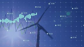 Animation of statistics and data processing over wind turbine. Global environment, sustainability, wind energy, business and data processing concept digitally generated video. - Powered by Shutterstock - Get 15% off with code: PIKWIZARD15