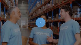Animation of network of connections over diverse volunteers high fiving in warehouse. Global shipping, business, finance and networking concept digitally generated video. - Powered by Shutterstock - Get 15% off with code: PIKWIZARD15