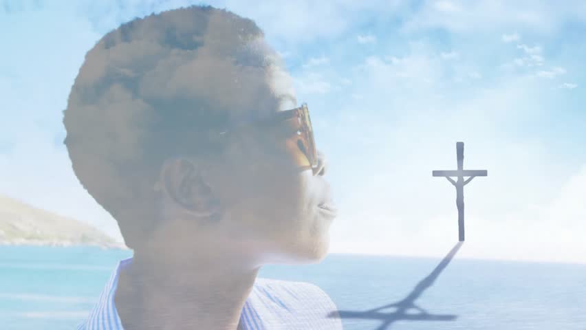 Wearing sunglasses, person with cross shadow over ocean, animation style. Sunset, abstract, silhouette, water, creative, beach