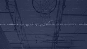 Audio waveform drifting across hoop, sports athlete raising basketball, executing slam dunk visual. Sports, activity, dynamic, modern, energetic, fitness, urban - Powered by Shutterstock - Get 15% off with code: PIKWIZARD15