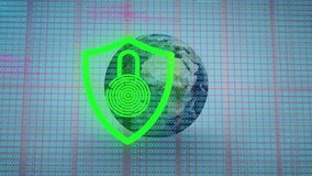 Fading shield lock icon on globe code grid pulsing scanner shifting outline into green for security. Cybersecurity, digital, security, protection, encryption, technology, data - Powered by Shutterstock - Get 15% off with code: PIKWIZARD15