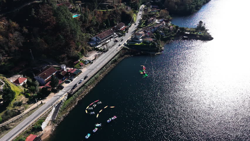 Aerial view of Rio Cavado river and village at Terras do Bouro