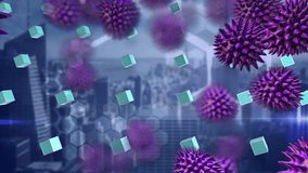 Animation of covid 19 cells, dna strand and rows of green cubes over city. global covid 19 pandemic, science and research concept digitally generated video. - Powered by Shutterstock - Get 15% off with code: PIKWIZARD15