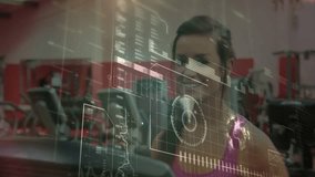 Animation of interface with data processing over caucasian fit woman running on a treadmill at gym. Sports technology concept - Powered by Shutterstock - Get 15% off with code: PIKWIZARD15