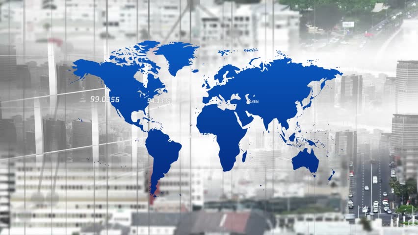 A blue world map with floating white numbers over a grid on black background.