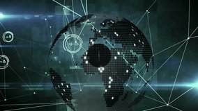 Animation of network of connections with icons over globe and computer servers. Global connections, digital interface, computing and data processing concept digitally generated video. - Powered by Shutterstock - Get 15% off with code: PIKWIZARD15
