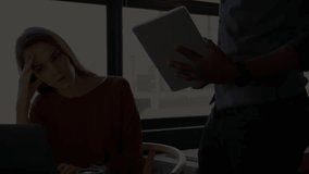 Male colleague approaching woman with tablet, guiding business data analysis amid binary streams. Collaboration, teamwork, data visualization, professional, digital, office, insight - Powered by Shutterstock - Get 15% off with code: PIKWIZARD15