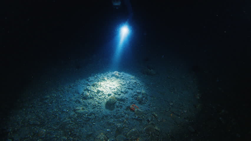 Muck freediving in Indonesia. Freediver swims underwater in the sea at night and searches creatures with the torch. Muck diving on Alor island in Indonesia