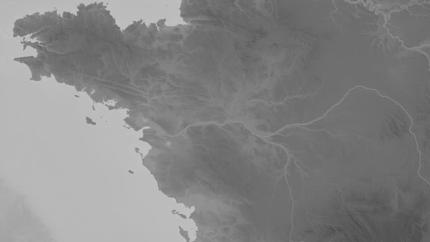 Pays de la Loire region, France, extruded. Grayscale map