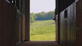 A serene view from a horse stable overlooking a lush green pasture. - Powered by Shutterstock - Get 15% off with code: PIKWIZARD15