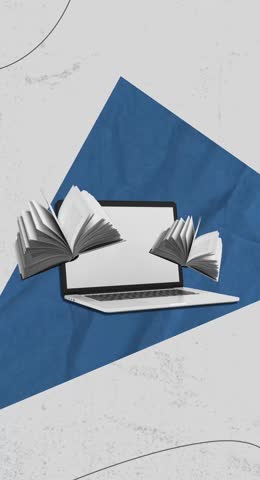 Trendy Halftone Collage Online education concept. Computer laptop with hand, floating books and lightbulb. News course, webinar.