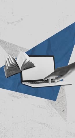 Trendy Halftone Collage Online education concept. Computer laptop with hand, floating books and lightbulb. News course, webinar.