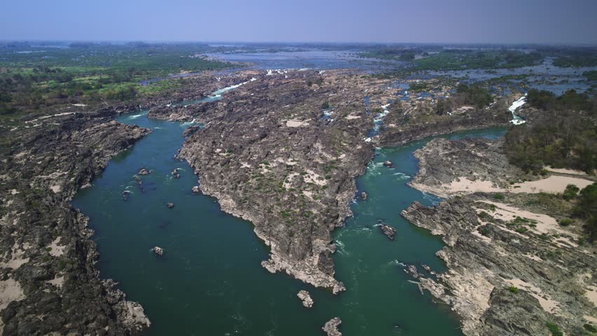 Aerial View of Li Phi Waterfall in Si Phan Don, Southern Laos – Mekong River 4K Drone Footage
