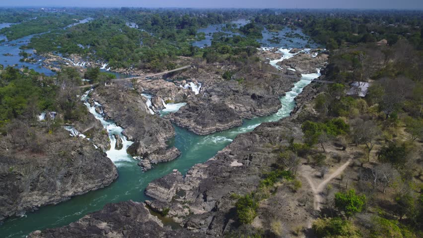 Aerial View of Li Phi Waterfall in Si Phan Don, Southern Laos – Mekong River 4K Drone Footage