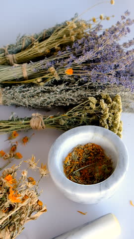 Dried medicinal herbs and flowers. Selective focus.