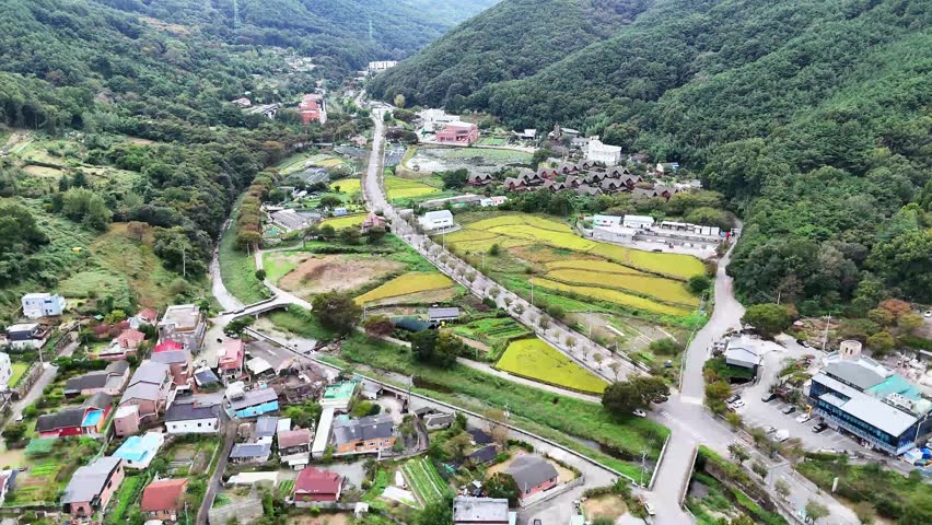 Aerial drone view of a rural village with houses, fields, road and green mountains in South Korea. Top view of countryside landscape in summer 4K.
