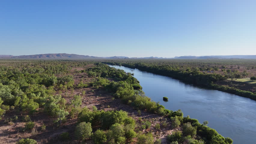 Aerial drone footage of Ivanhoe crossing in Kununurra, a popular travel destination in the remote outback of Western Australia.