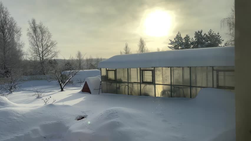 Snow sparkles in the air on a frosty day.