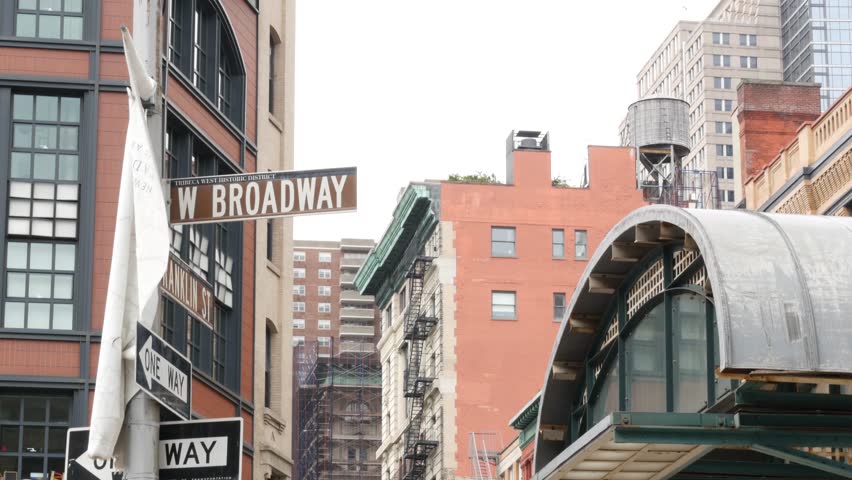 New York City old subway entrance, Franklin street and West Broadway, United States. American underground transport, Lower Manhattan Tribeca traffic. Metropolitan historic retro station, cast iron