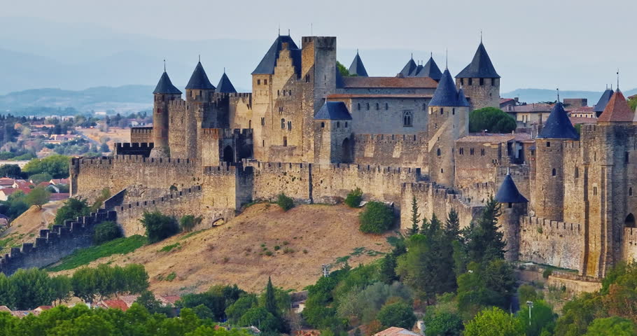 Aerial view of medieval city Carcassonne, on the south of France. Carcassonne historic fortress popular tourist destination at sunset