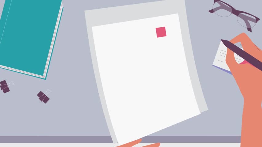 2D Animation of Hands Writing on Paper with Pen, Concept of Planning, Education, Creative Writing, and Business Documentation