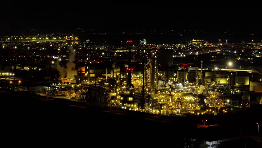 Thessaloniki, Greece — Drone footage and photographs capture the illuminated industrial complex of Hellenic Petroleum at night, showcasing active refinery units, storage tanks, chimneys, and the surrounding urban and port infrastructure.