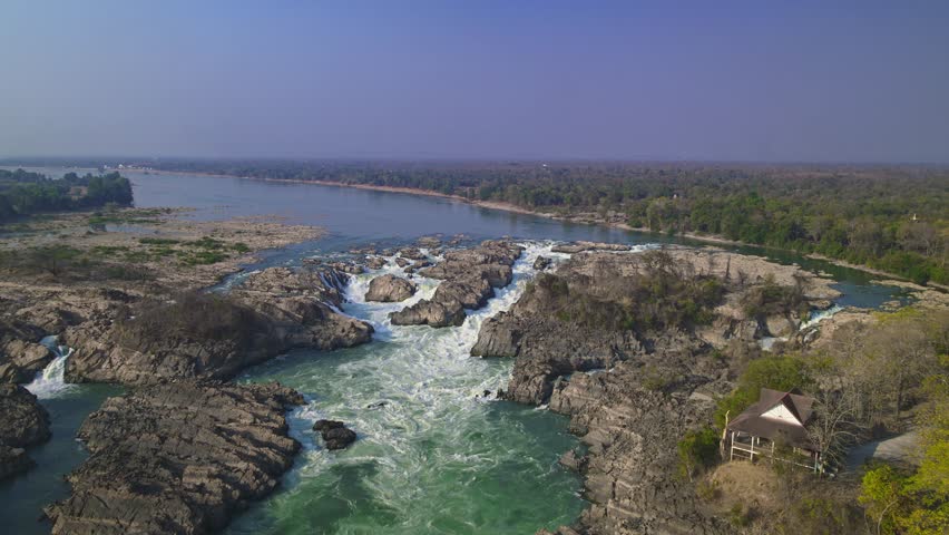 Aerial View of Khone Phapheng Waterfall in Si Phan Don, Southern Laos – Mekong River 4K Drone Footage