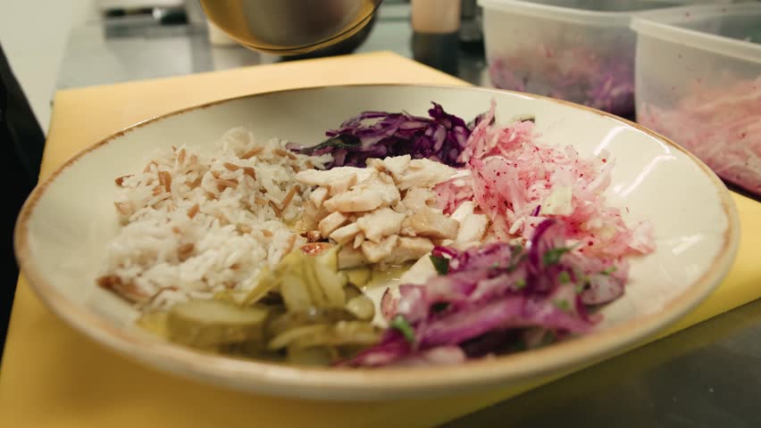Gyros Plate with Rice and Salad isolated on white Background, turkish traditional rice with vegetables.