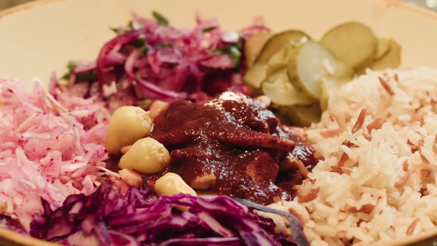 Gyros Plate with Rice and Salad isolated on white Background, turkish traditional rice with vegetables.