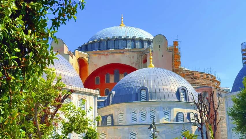 Majestic domes of the great Hagia Sophia mosque in Sultanahmet Square.Old Haya Sophia, Istanbul, Turkey. Architecture of the Islamic religion.