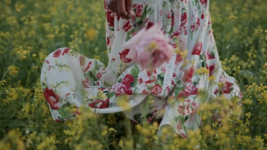 Woman in Floral Dress Walking Through a Field of Yellow Wildflowers