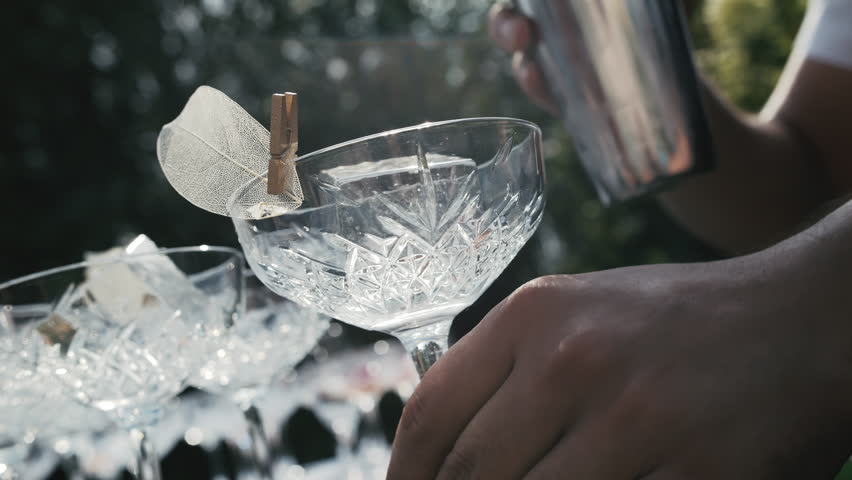 Bartender holding empty crystal coupe glass with floral garnish at outdoor bar