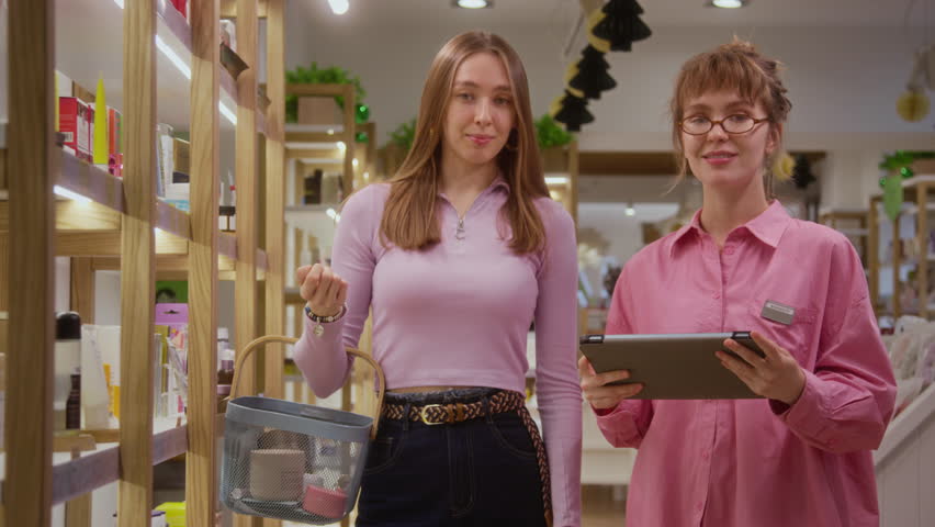 Portrait of smiling young woman holding shopping basket posing next to beauty consultant with digital tablet in hands while standing beside display shelf at skincare store