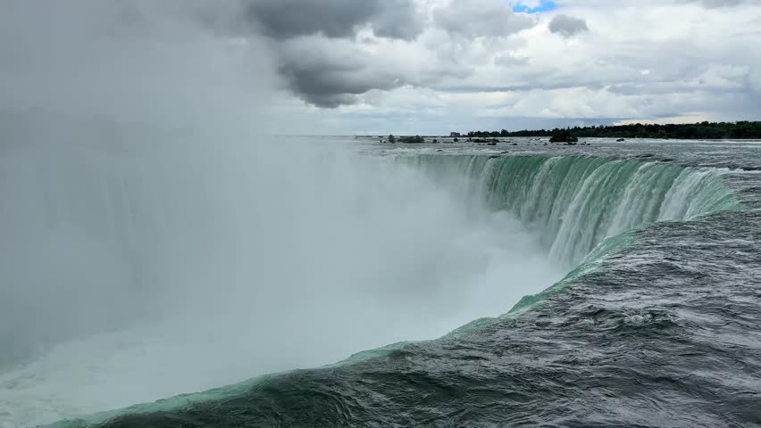 Majestic Niagara Falls Waterfall With Massive Water Flow Located Between Ontario Canada And New York United States. Iconic Natural Wonder Surrounded By Niagara Park And Scenic Landscape