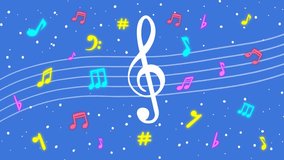 Animated musical notes float around treble clef on blue background - Powered by Shutterstock - Get 15% off with code: PIKWIZARD15