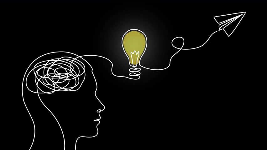 Success Idea Concept with Human Brain, light bulb and flying paper airplane drawing line animation in white background.