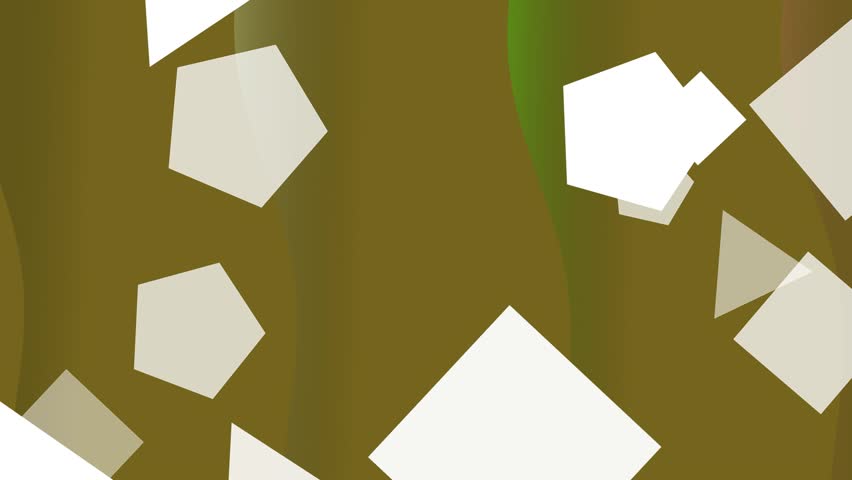 A sophisticated abstract animation featuring white geometric shapes including pentagons, squares, and triangles floating across a rich olive green and gold gradient background. The clean, minimalist aesthetic and fluid motion create a versatile backdrop perfect for luxury branding, corporate slideshows, creative intros, and contemporary digital art projects.