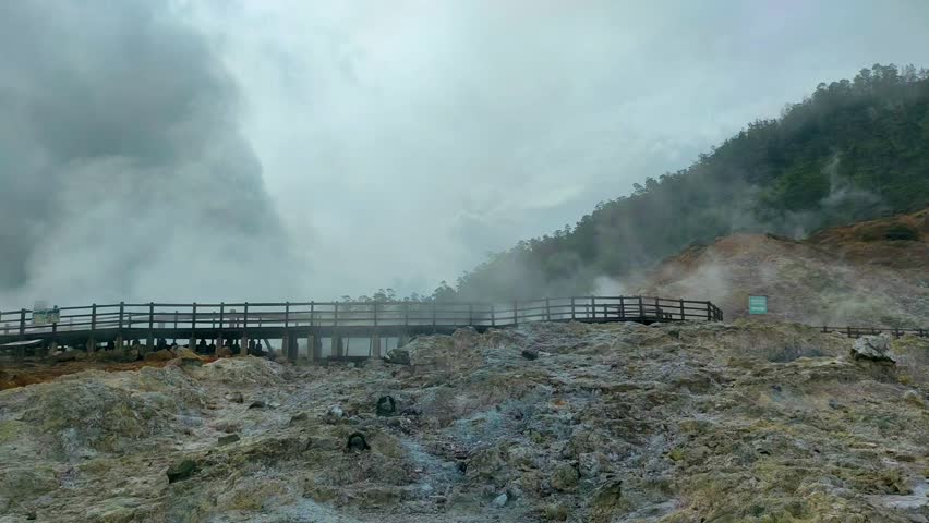 active geothermal activity in the form of hot mud eruptions, thick clouds of sulfur smoke, and colorful hot water pools that emit dangerous gases