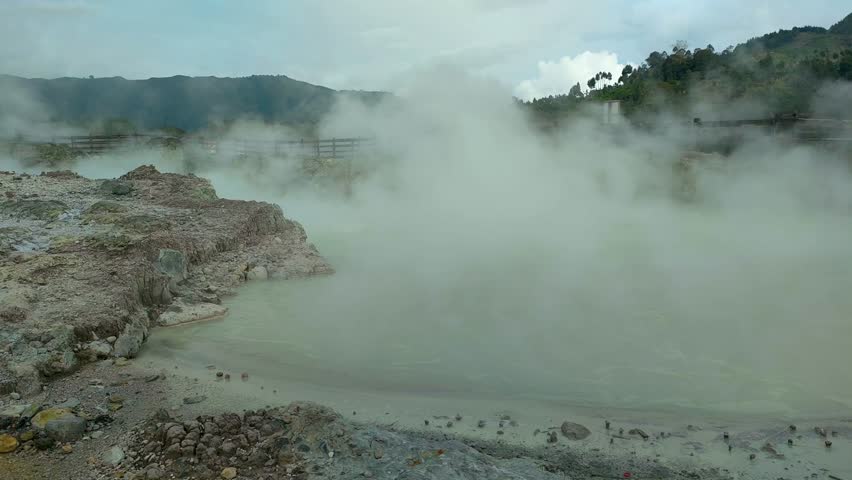 active geothermal activity in the form of hot mud eruptions, thick clouds of sulfur smoke, and colorful hot water pools that emit dangerous gases