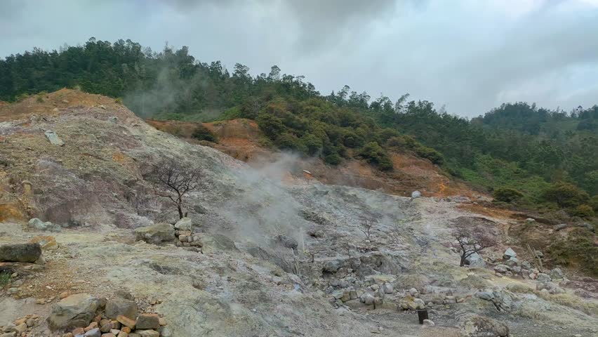 active geothermal activity in the form of hot mud eruptions, thick clouds of sulfur smoke, and colorful hot water pools that emit dangerous gases